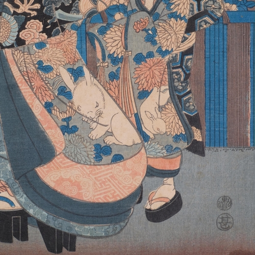 567 - 2 Japanese 19th century colour woodblock prints, Samurai and Geisha, signed, 37cm x 25cm, unframed (... 