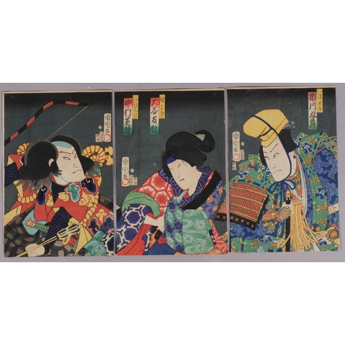 570 - Kunichika Toyohara (1835 - 1900), Japanese colour woodblock triptych, Kabuki theatre study, circa 18... 