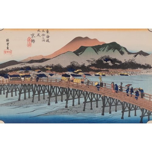 573 - Hiroshige, 3 Japanese colour woodblock reprints, landscape scenes, sheet 26cm x 38cm, unframed (3)