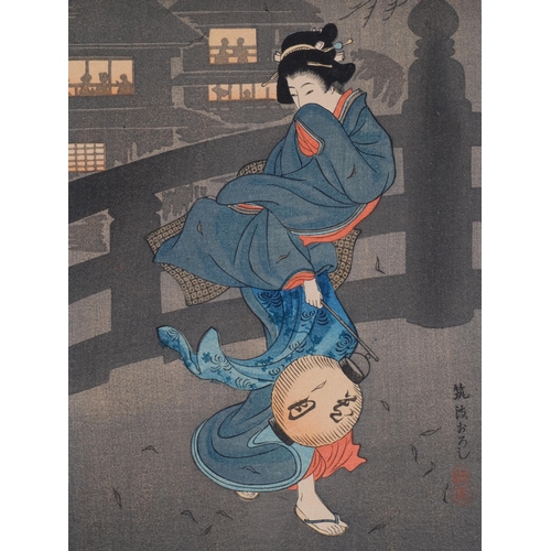 574 - Shotei (Hiroki Takahashi) (1871 - 1945), 2 Japanese colour woodblock prints, cold winter wind, and w... 