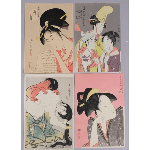 578 - Utamaro, 4 Japanese colour woodblock reprints, studies of women, image 38cm x 25cm, unframed (4)