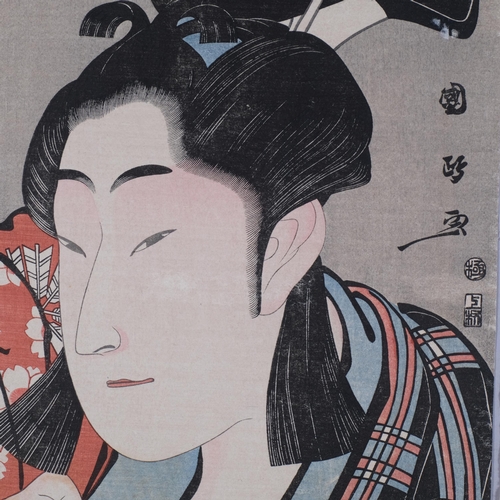 579 - Kunimasa, 2 colour woodblock reprints, studies of women, image 37cm x 25cm, unframed