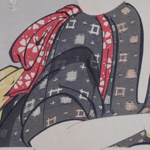 579 - Kunimasa, 2 colour woodblock reprints, studies of women, image 37cm x 25cm, unframed