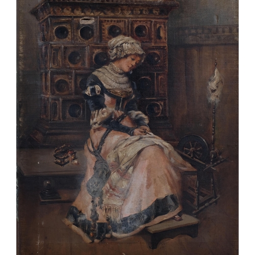 582 - P Criscuolo, woman spinning, oil on canvas, signed, 46cm x 36cm, unframed