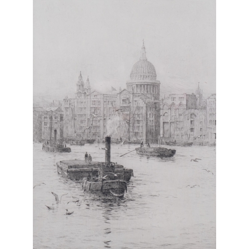 584 - Rowland Langmaid, St Paul's from Bankside, drypoint etching, signed in pencil, plate 26cm x 20cm, fr... 