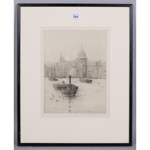 584 - Rowland Langmaid, St Paul's from Bankside, drypoint etching, signed in pencil, plate 26cm x 20cm, fr... 