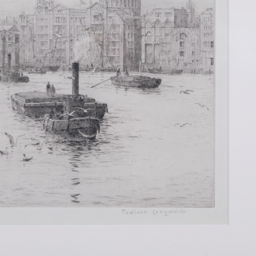 584 - Rowland Langmaid, St Paul's from Bankside, drypoint etching, signed in pencil, plate 26cm x 20cm, fr... 