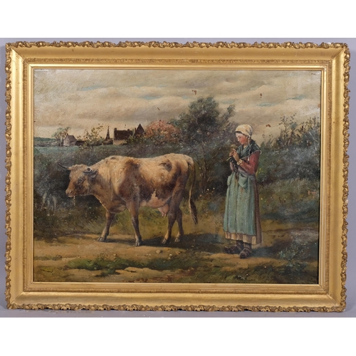 586 - 19th century Dutch School, cow and milkmaid, oil on canvas laid on board, unsigned, 45cm x 60cm, fra... 