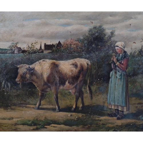 586 - 19th century Dutch School, cow and milkmaid, oil on canvas laid on board, unsigned, 45cm x 60cm, fra... 