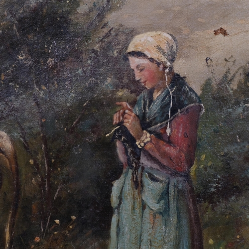 586 - 19th century Dutch School, cow and milkmaid, oil on canvas laid on board, unsigned, 45cm x 60cm, fra... 