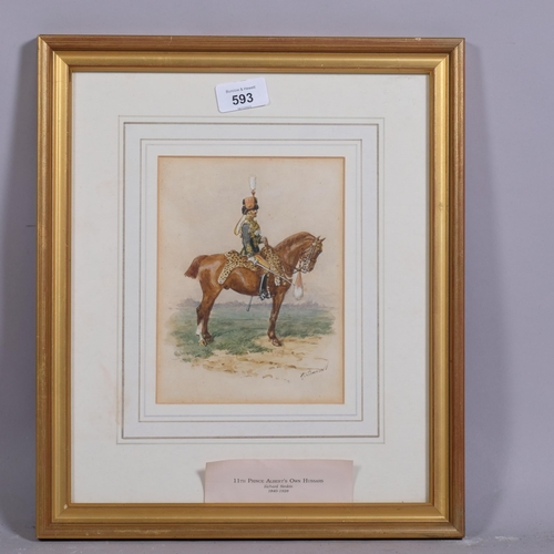 593 - Richard Simkin (1840 - 1926), 11th Prince Albert's Own Hussars, watercolour, signed, 18cm x 14cm, fr... 