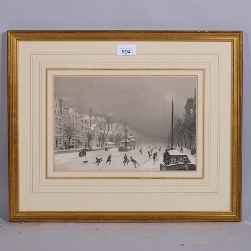 594 - Karl-Johann Billmark (1804 - 1870), Amsterdam canal scene, lithograph, 19cm x 28cm, framed