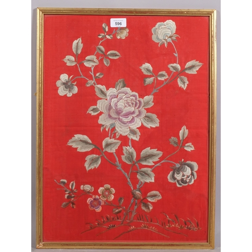 596 - Chinese silk embroidered floral picture on red silk ground, 55cm x 40cm, framed