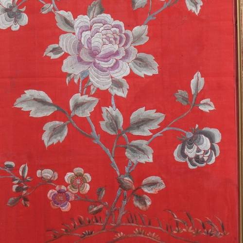 596 - Chinese silk embroidered floral picture on red silk ground, 55cm x 40cm, framed