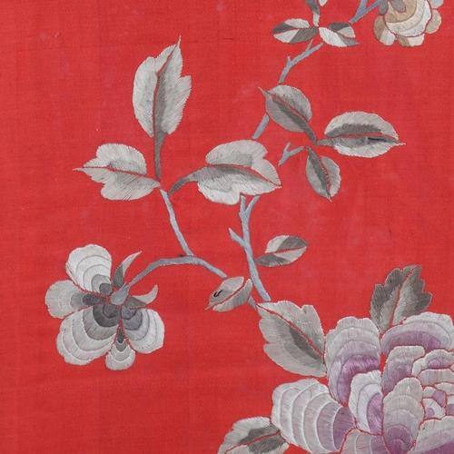 596 - Chinese silk embroidered floral picture on red silk ground, 55cm x 40cm, framed