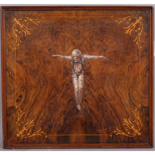 597 - Gary Phillips, spaceman, oil painting on inlaid walnut panel, signed verso, 38cm x 40cm, framed