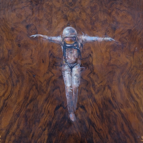 597 - Gary Phillips, spaceman, oil painting on inlaid walnut panel, signed verso, 38cm x 40cm, framed