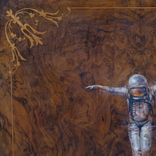 597 - Gary Phillips, spaceman, oil painting on inlaid walnut panel, signed verso, 38cm x 40cm, framed