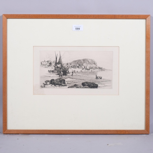 599 - Stephen Parrish, Hastings beach scene, engraving, signed in the plate, plate size 14cm x 26cm, frame... 