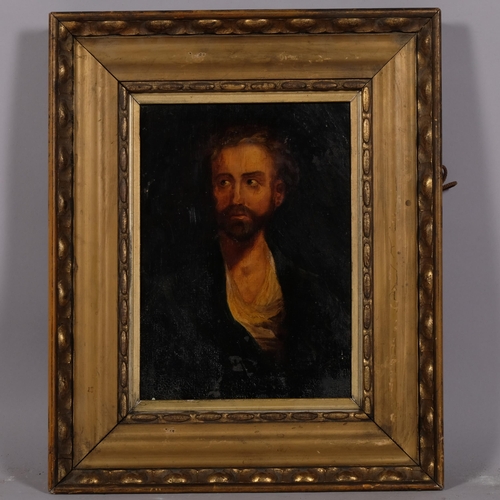 604 - 18th/19th century portrait of a man, oil on canvas laid on board, unsigned, 25cm x 18cm, framed