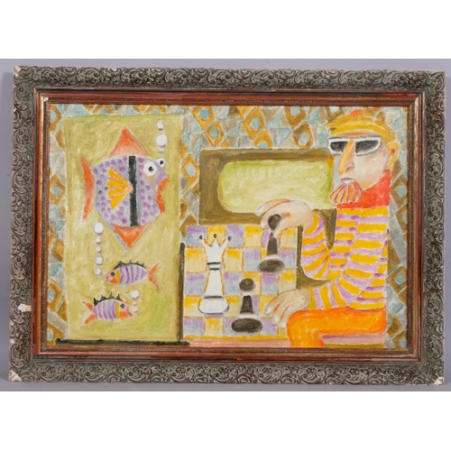 610 - Vincent Bennett, modernist interior scene, oil on board, inscribed verso, 42cm x 62cm, framed