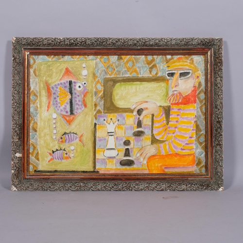 610 - Vincent Bennett, modernist interior scene, oil on board, inscribed verso, 42cm x 62cm, framed