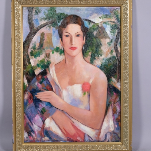 611 - Contemporary portrait of a woman, oil on board, 62cm x 44cm, framed