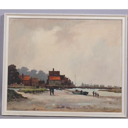 612 - Thomas Coates (born 1941), riverside buildings, oil on canvas, inscribed verso, 45cm x 55cm, framed