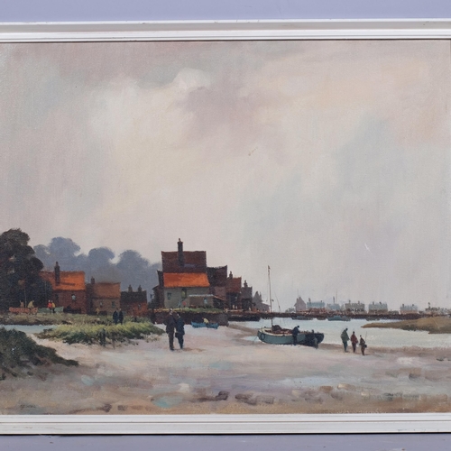 612 - Thomas Coates (born 1941), riverside buildings, oil on canvas, inscribed verso, 45cm x 55cm, framed