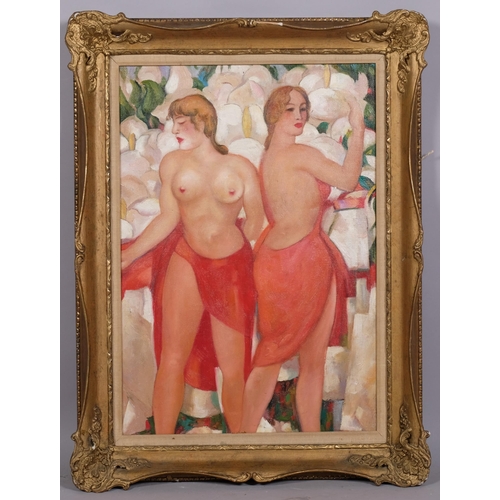 613 - Contemporary nude bathers, oil on canvas laid on board, unsigned, 54cm x 37cm, framed