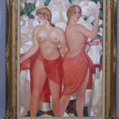 613 - Contemporary nude bathers, oil on canvas laid on board, unsigned, 54cm x 37cm, framed