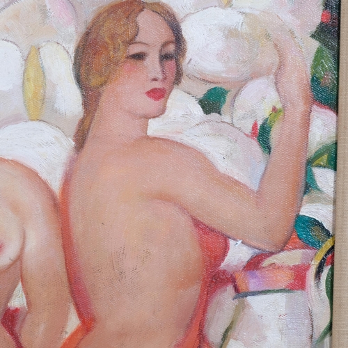 613 - Contemporary nude bathers, oil on canvas laid on board, unsigned, 54cm x 37cm, framed