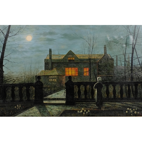 614 - Moonlit country house, oil on canvas laid on board, 50cm x 78cm, framed