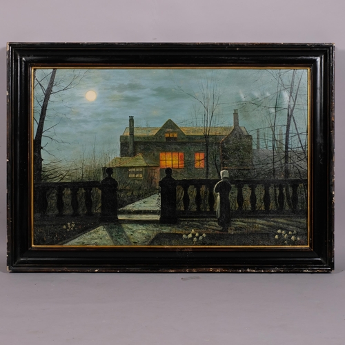 614 - Moonlit country house, oil on canvas laid on board, 50cm x 78cm, framed