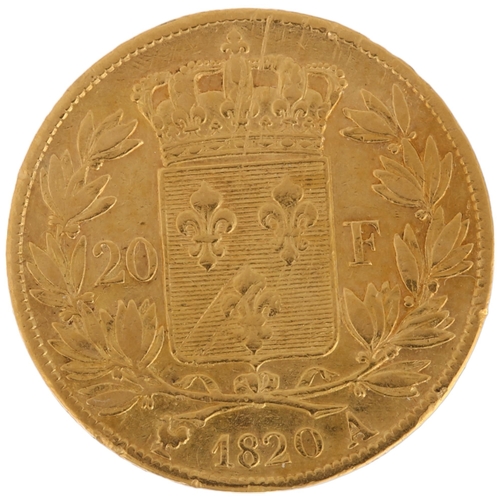 1204 - A French 1820 Louis XVIII gold twenty francs coin, 21mm, 6.3g