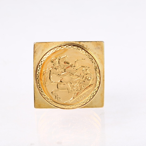 1205 - An Edward VII 1903 gold full sovereign coin, in large 14ct gold signet ring mount, setting height 24... 