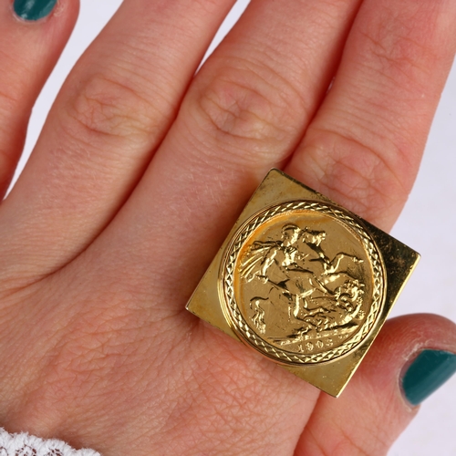 1205 - An Edward VII 1903 gold full sovereign coin, in large 14ct gold signet ring mount, setting height 24... 