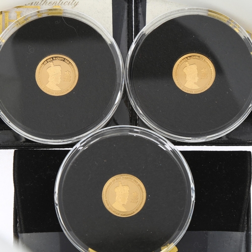 1211 - 3 x Elizabeth II 2018 Alderney Coronation Jubilee gold proof quarter sovereign coins, from limited e... 