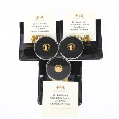 1211 - 3 x Elizabeth II 2018 Alderney Coronation Jubilee gold proof quarter sovereign coins, from limited e... 