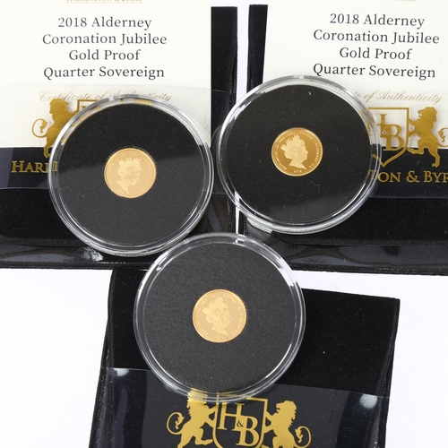 1211 - 3 x Elizabeth II 2018 Alderney Coronation Jubilee gold proof quarter sovereign coins, from limited e... 