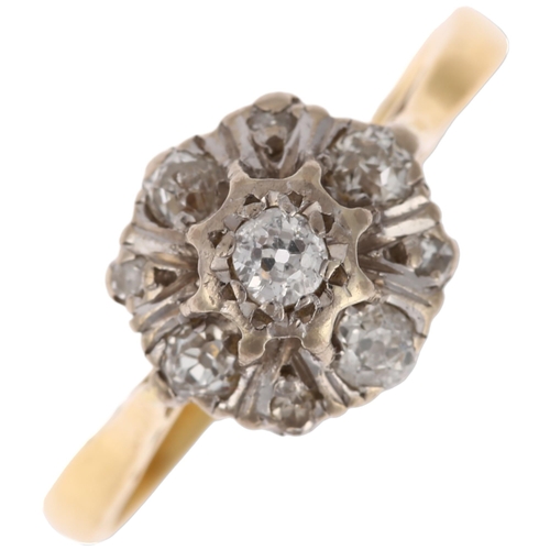 1214 - An 18ct gold diamond flowerhead cluster ring set with old and single-cut diamonds, total diamond con... 