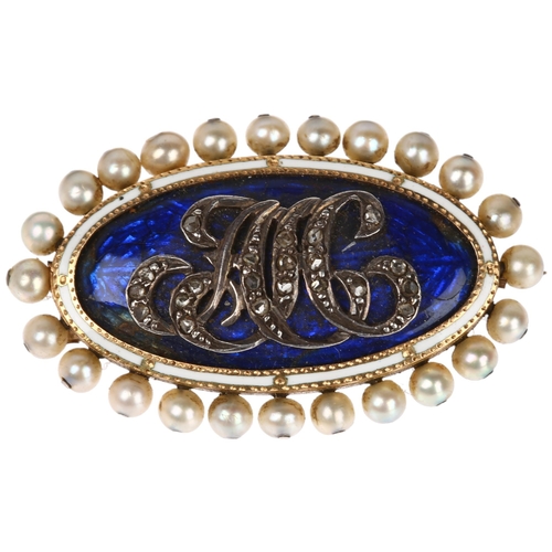 1223 - An Antique diamond pearl and enamel memorial brooch, unmarked gold closed-back settings in oval form... 