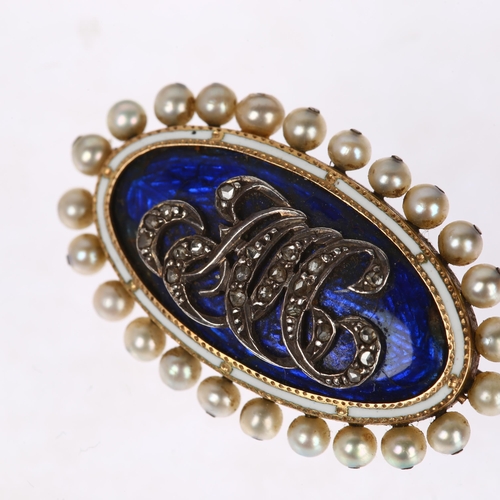 1223 - An Antique diamond pearl and enamel memorial brooch, unmarked gold closed-back settings in oval form... 