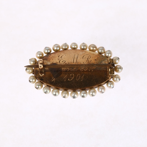 1223 - An Antique diamond pearl and enamel memorial brooch, unmarked gold closed-back settings in oval form... 