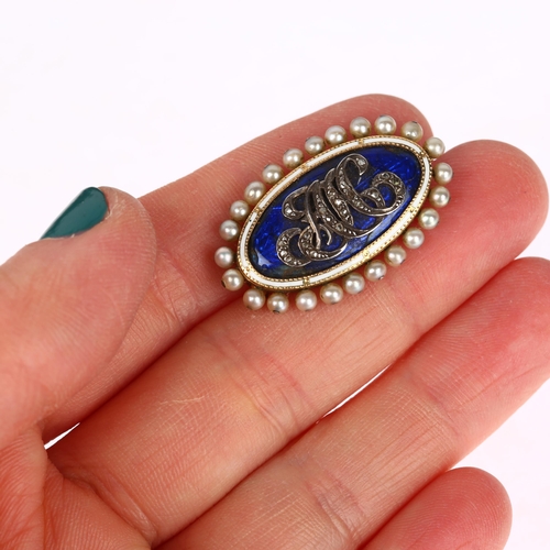 1223 - An Antique diamond pearl and enamel memorial brooch, unmarked gold closed-back settings in oval form... 