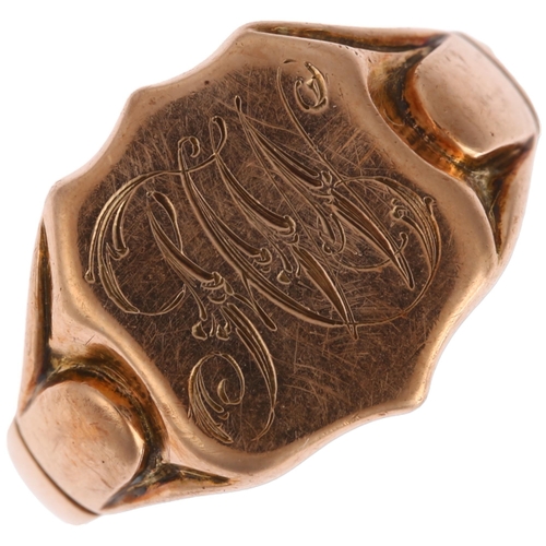 1225 - An early 20th century 9ct rose gold shield signet ring, engraved with initials MW, indistinct hallma... 