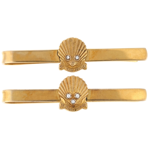 1226 - A pair of 9ct gold diamond Shell 30 and 35 Years Service tie clips, maker AC Co Ltd, Birmingham 1967... 