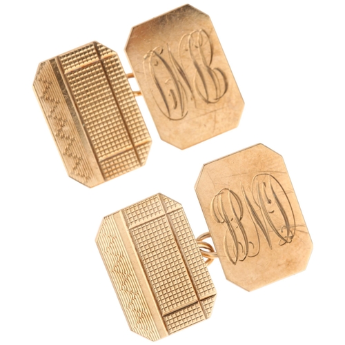 1227 - A pair of mid-20th century 9ct gold octagonal cufflinks, maker HG&S, Birmingham 1959, with engine tu... 