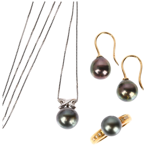 1229 - A 9ct gold whole black cultured pearl jewellery set, comprising ring, pendant necklace and pair of e... 