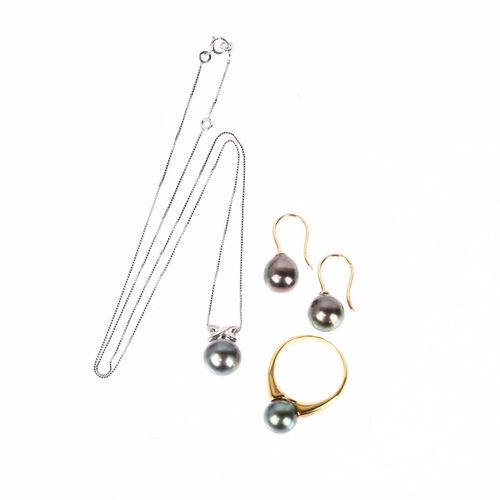 1229 - A 9ct gold whole black cultured pearl jewellery set, comprising ring, pendant necklace and pair of e... 